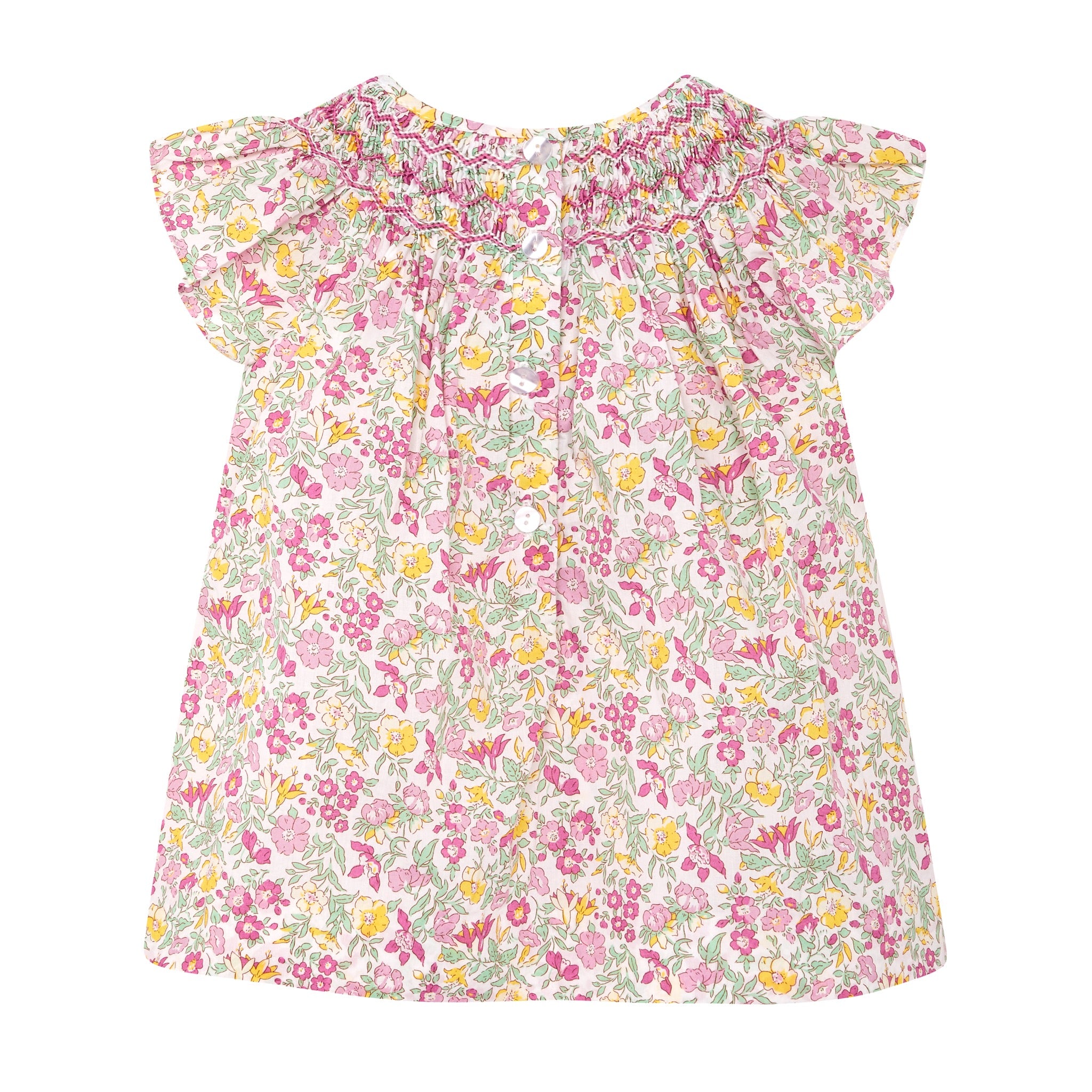 Hand-smocked girls blouse, floral Liberty fabric, back with button opening