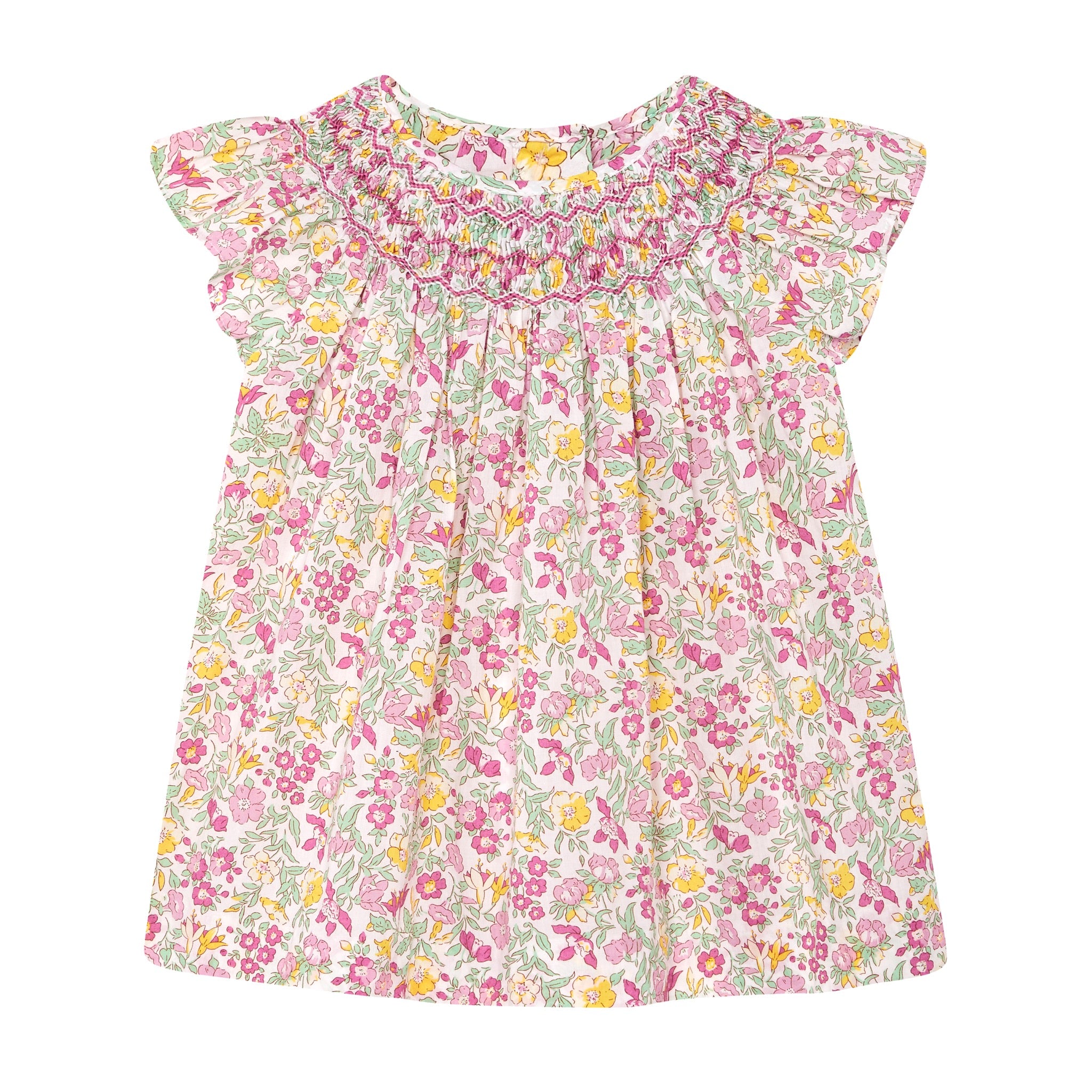 Hand-smocked girls blouse, floral Liberty fabric, front