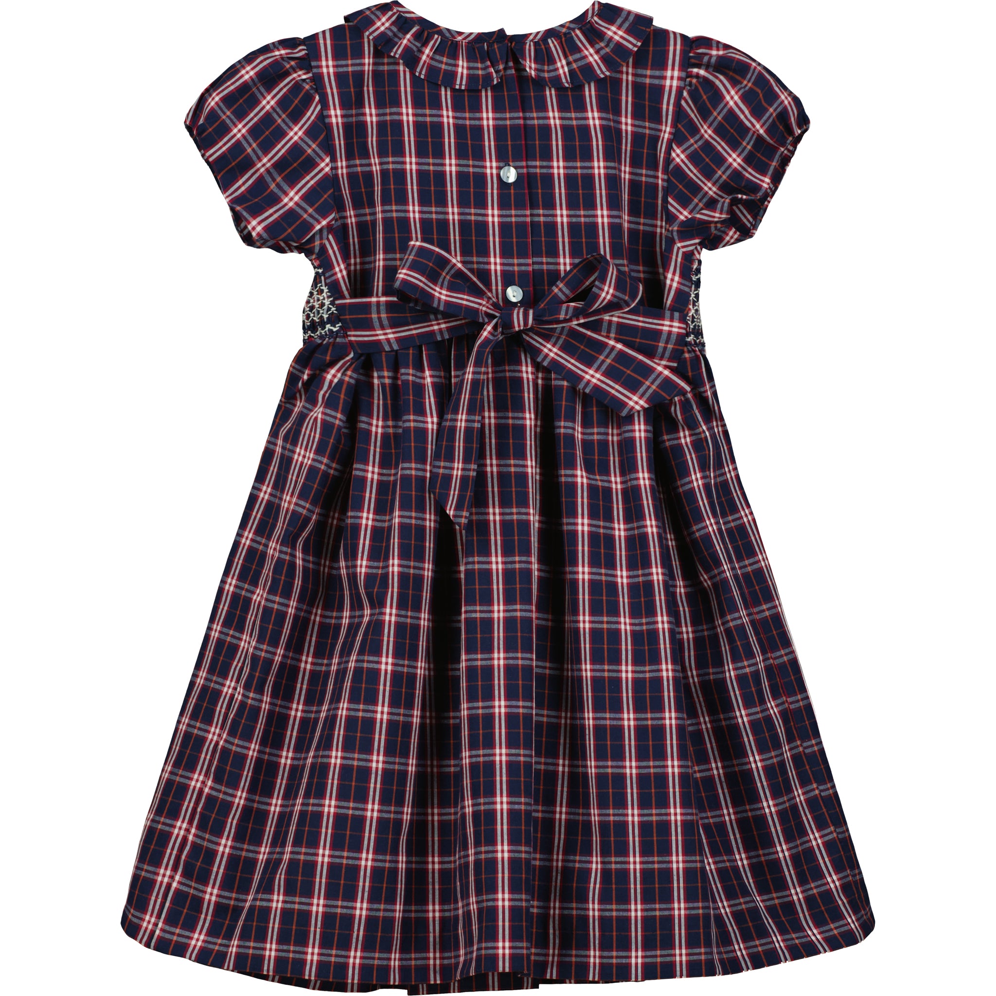 navy tartan dress with smocking, back