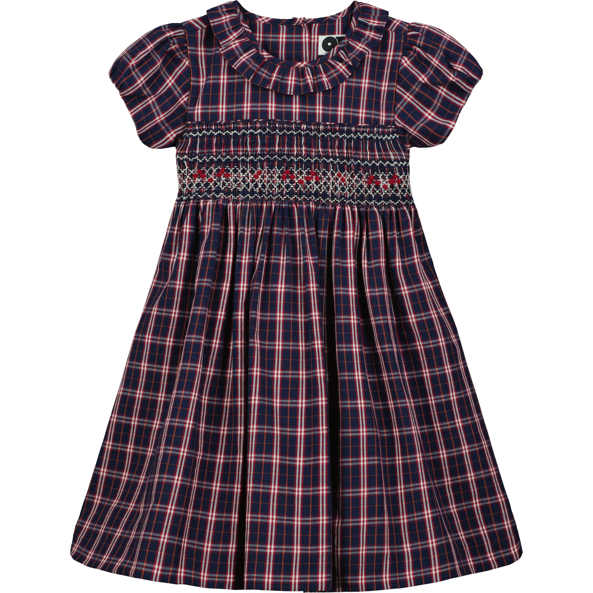 navy tartan dress with smocking, front