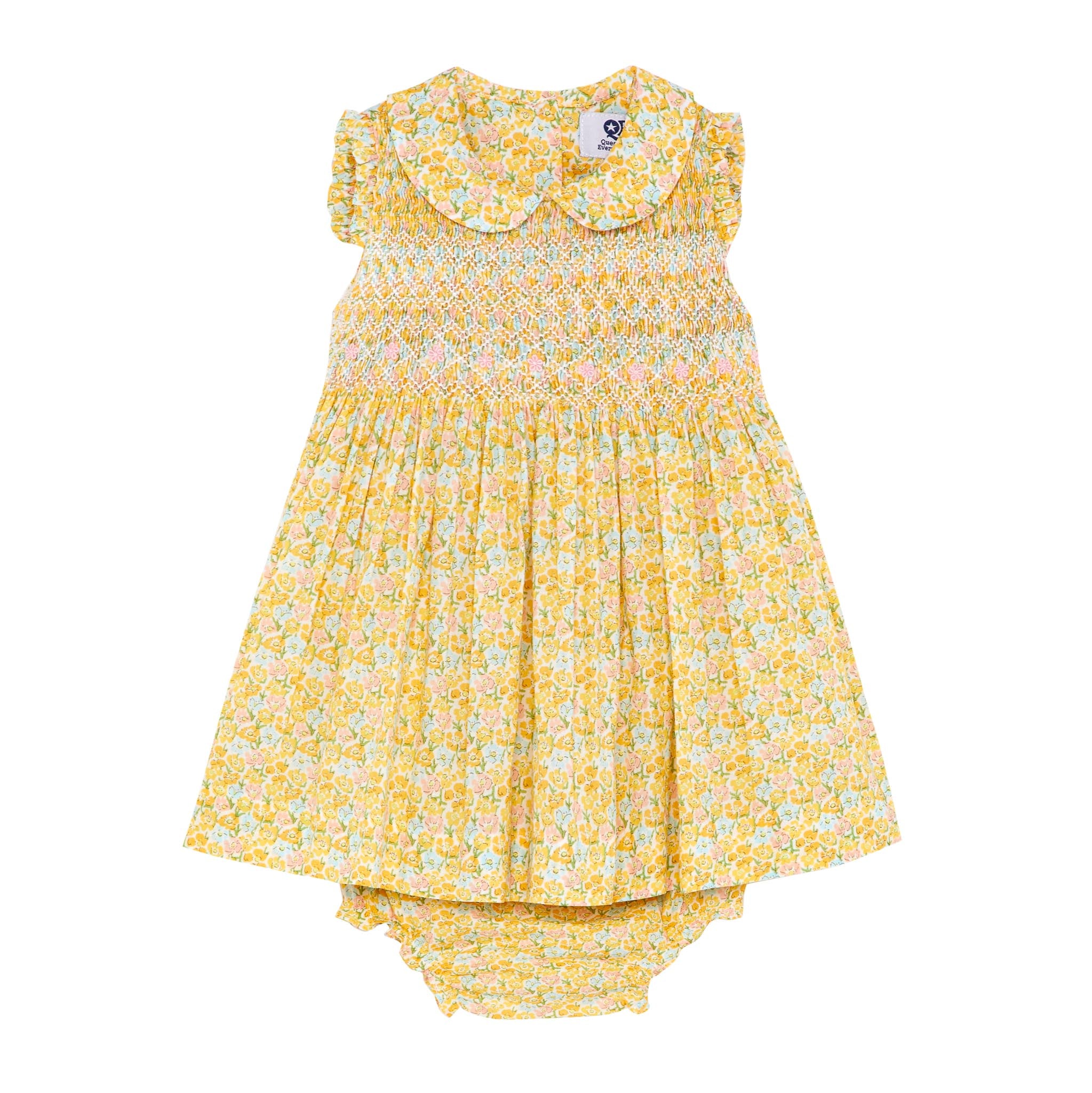yellow baby dress with bloomer, smocked, front