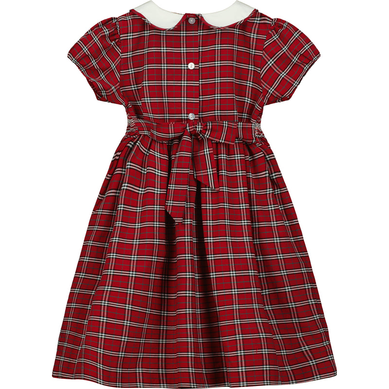 red tartan dress with white collar, hand-smocked, back