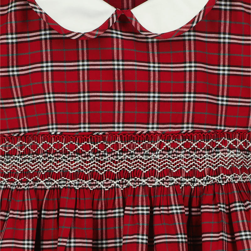 red tartan dress with white collar, hand-smocked, closeup