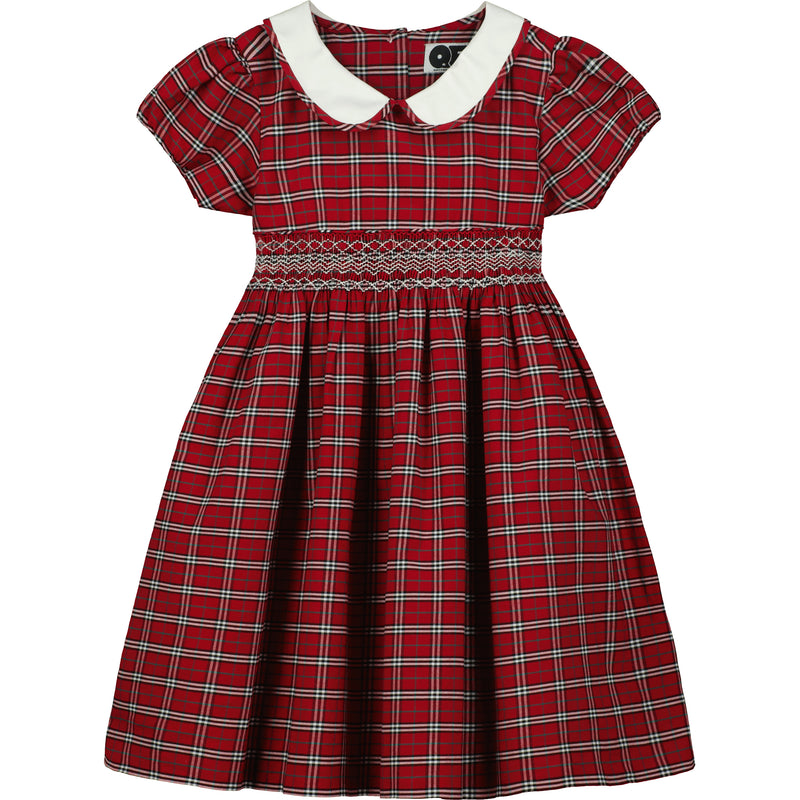 red tartan dress with white collar, hand-smocked, front