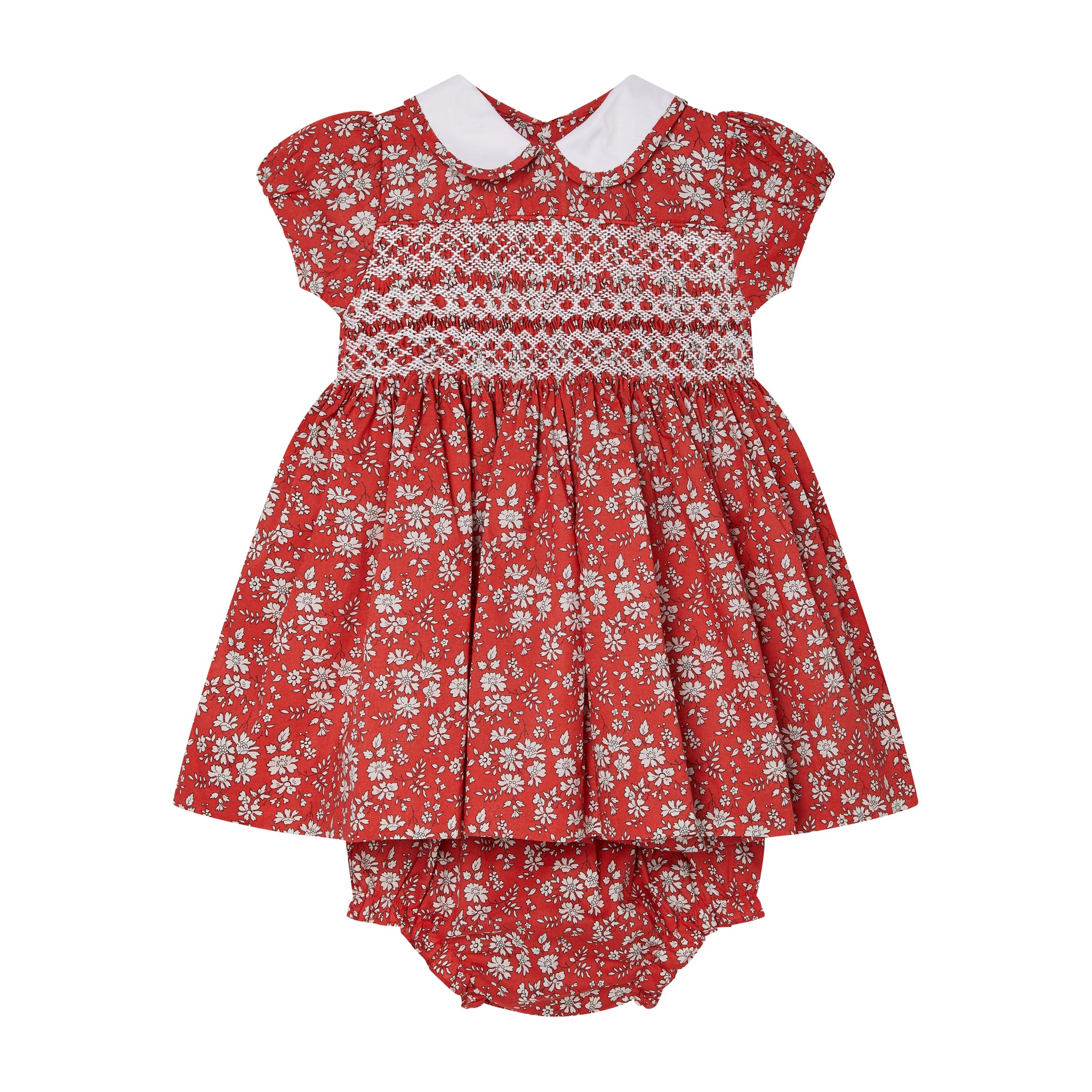  red and white floral dress made from Liberty Fabric, hand-smocked, Bloomers included, front