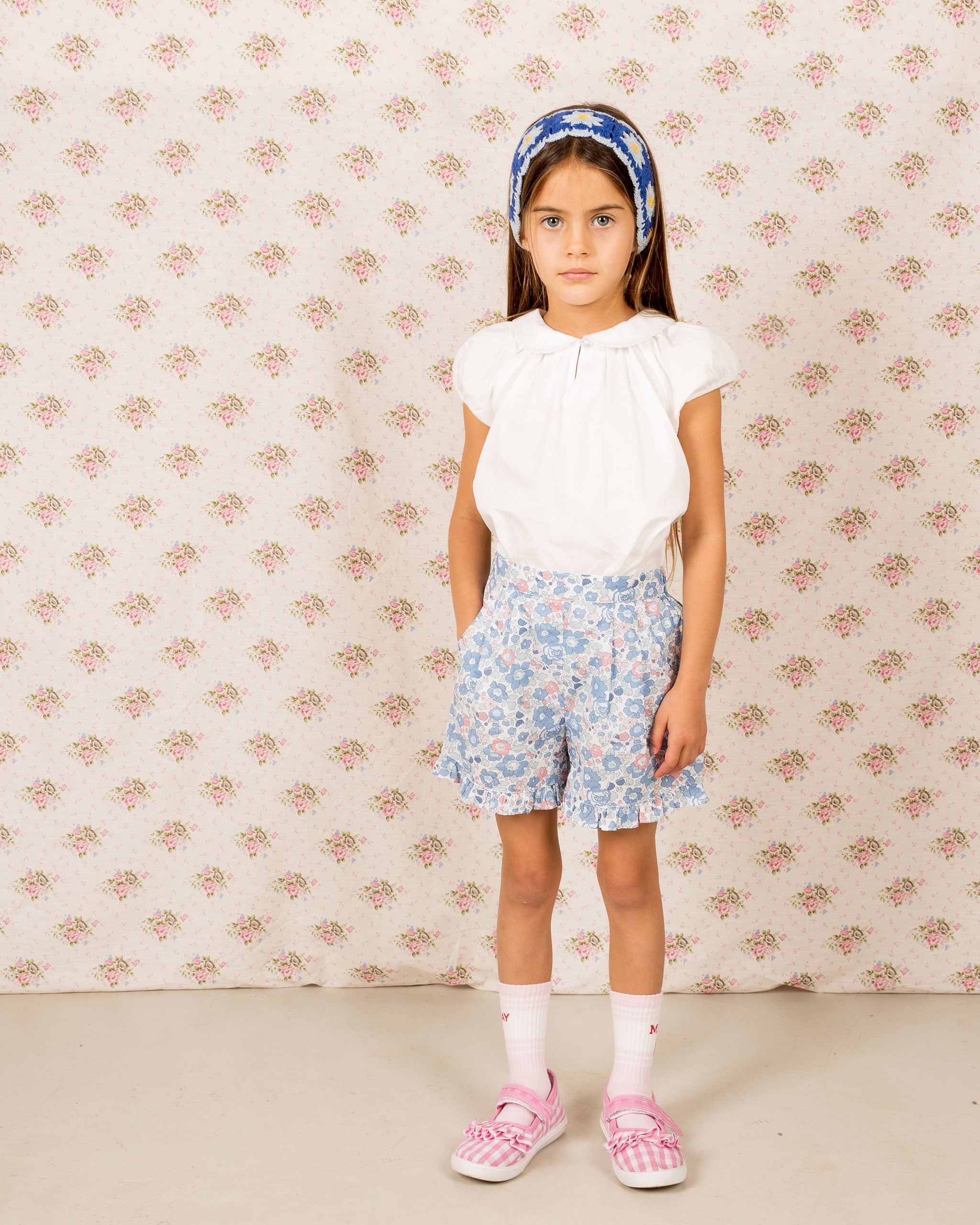 girls wearing Liberty fabric summer shorts, floral, blue Betsy