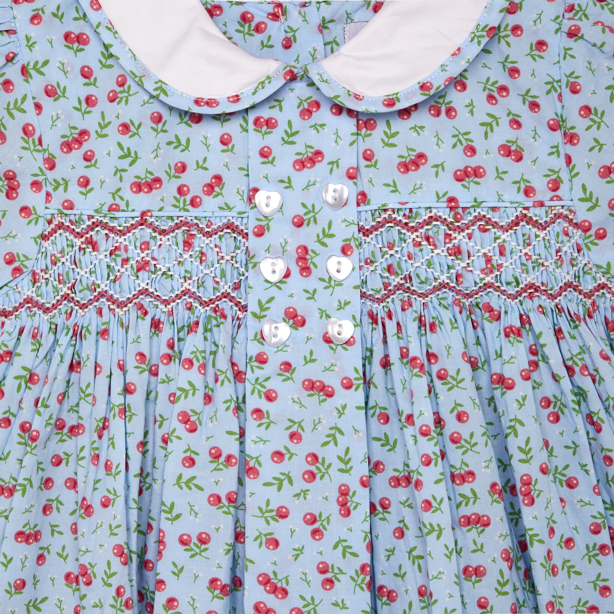 cherry print dress for baby, white collar, smocking detail