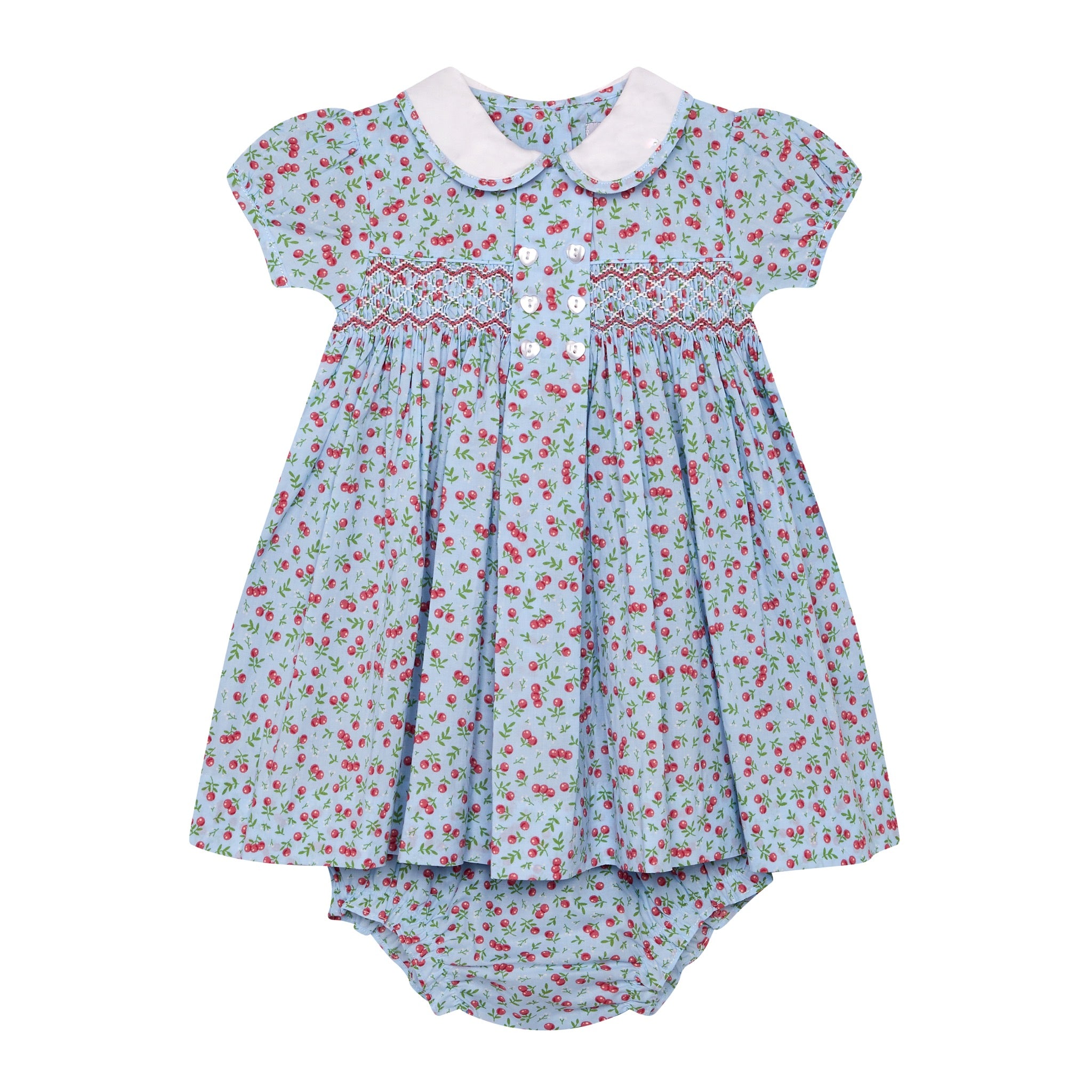 cherry print dress for baby, white collar, smocked, front