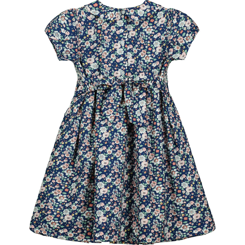 floral girls winter dress with hand smocking, back