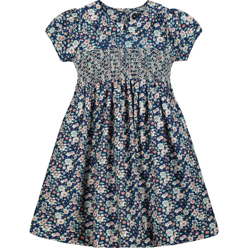 floral girls winter dress with hand smocking, front