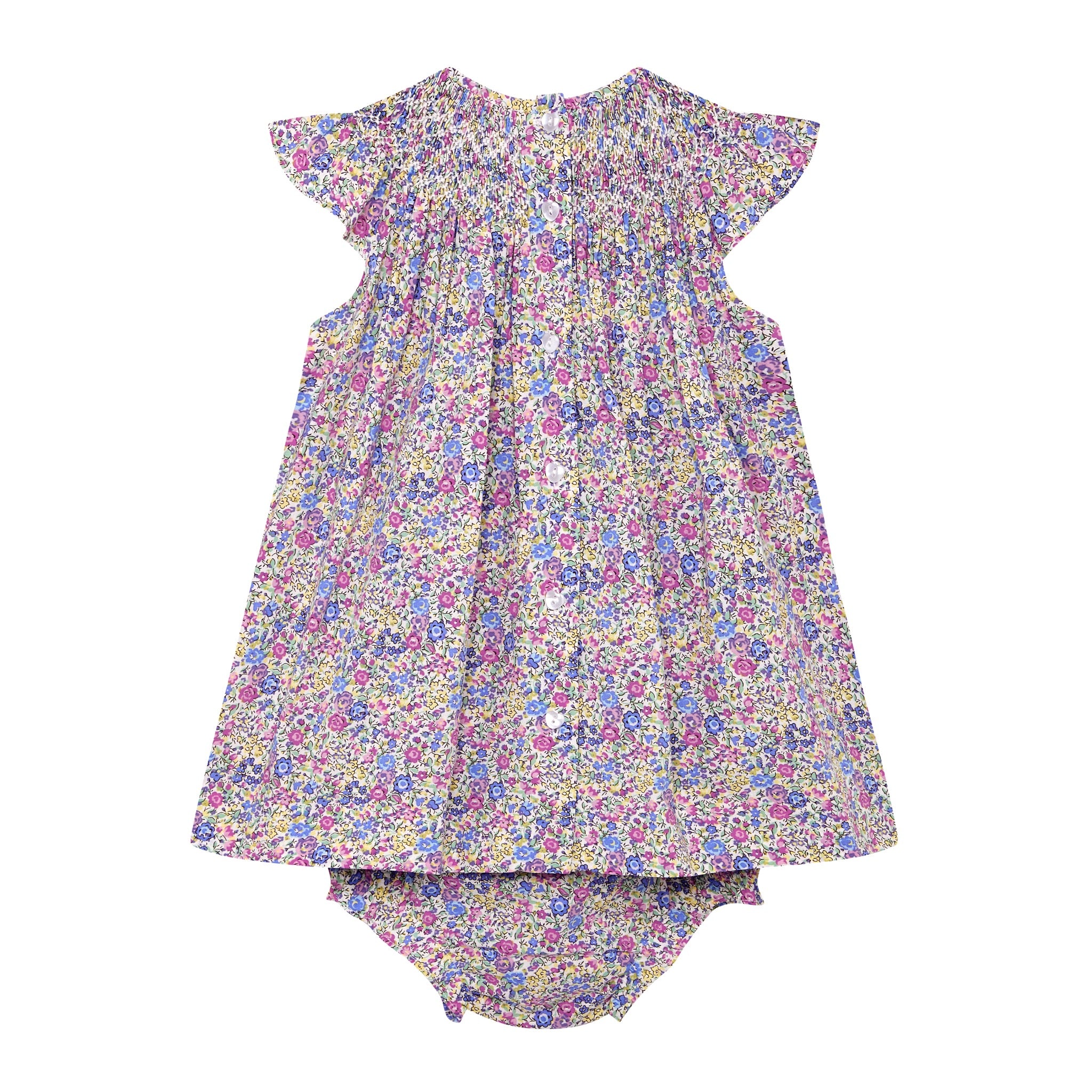 frill sleeve smock dress for baby in floral design, back