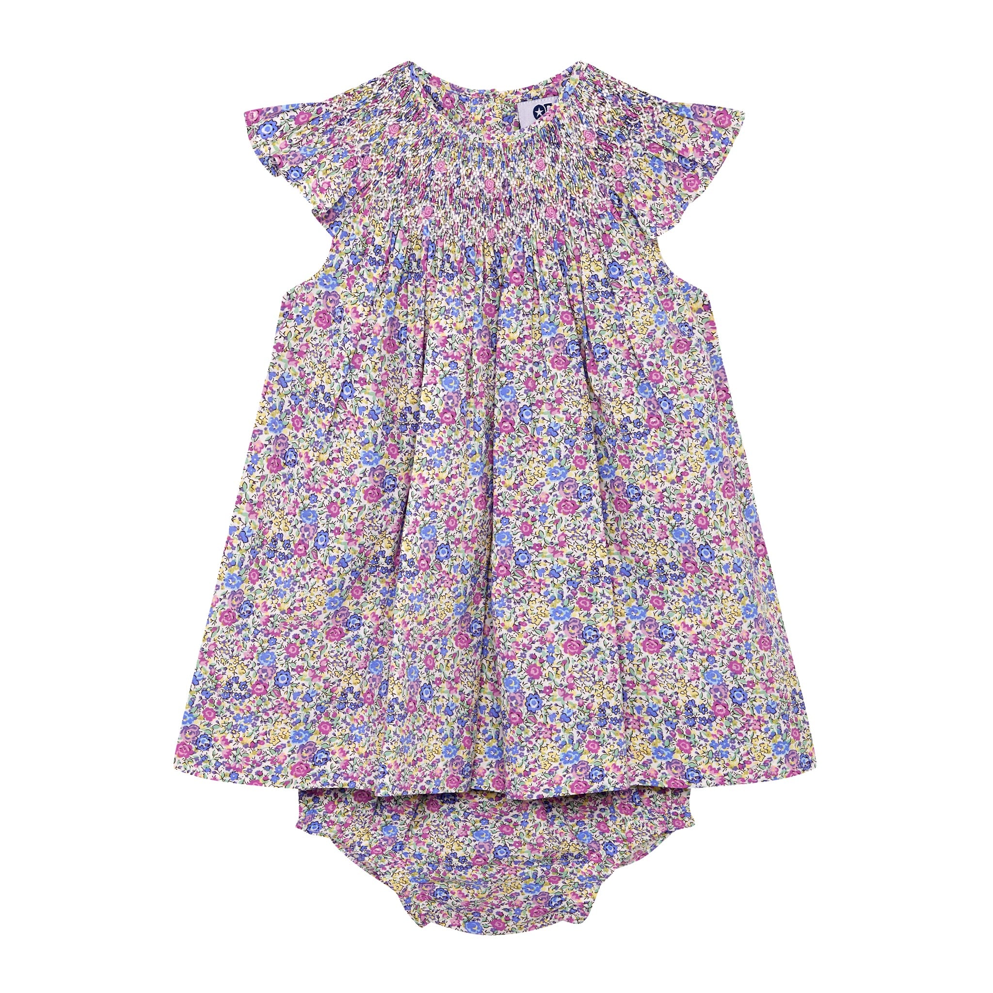 frill sleeve smock dress for baby in floral design, front
