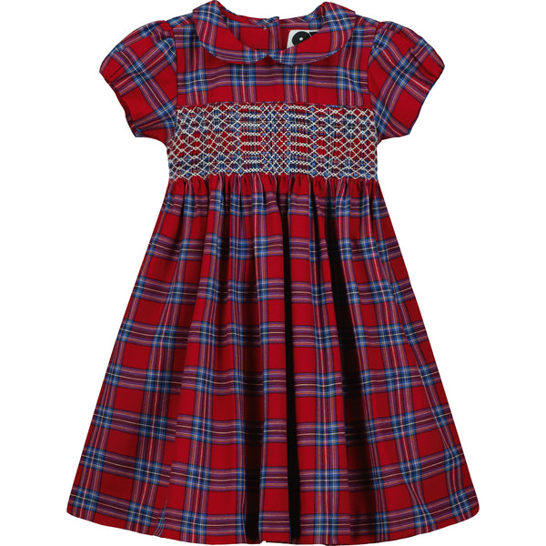 festive red and blue tartan dress  with hand-smocking, front