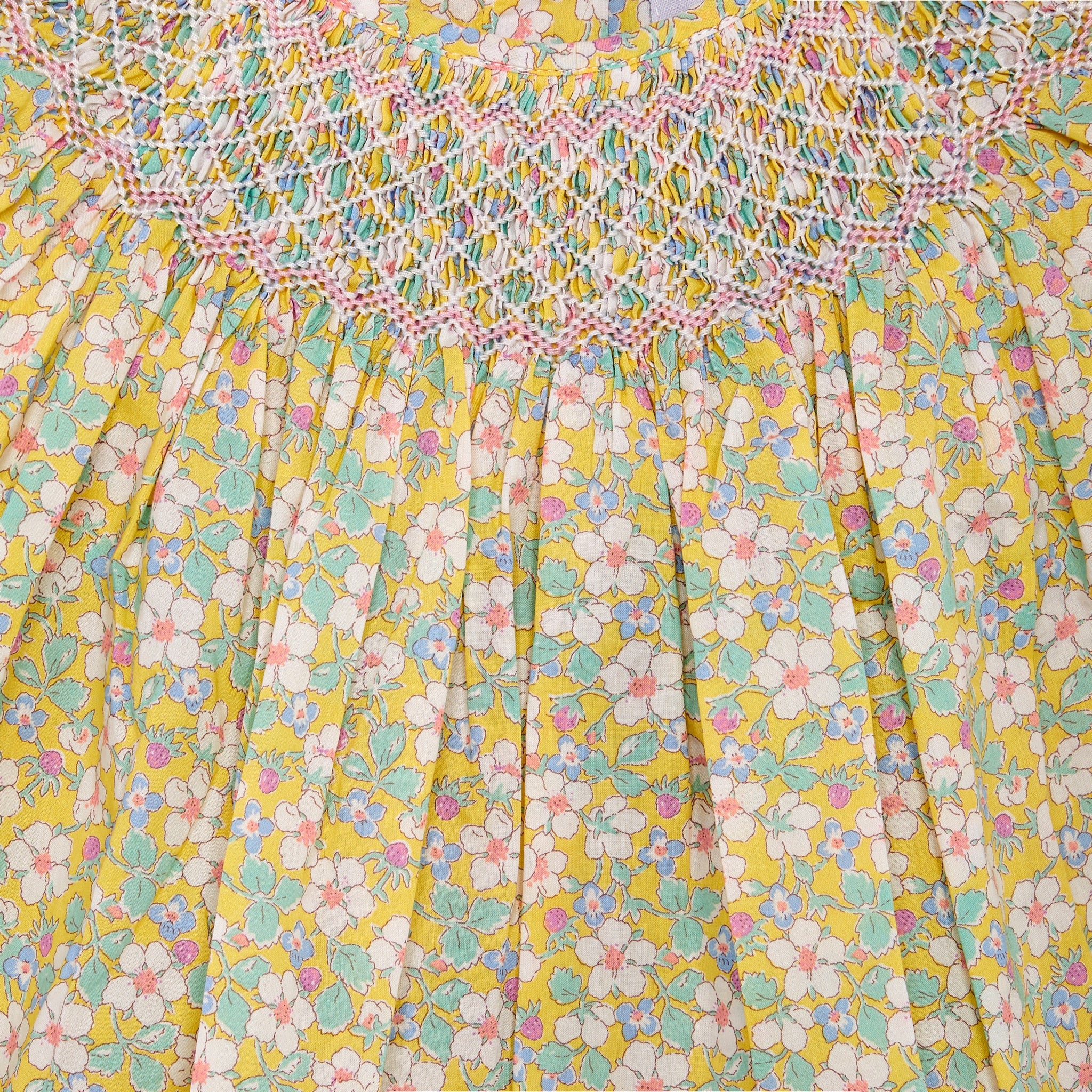hand-smocked Liberty dress with smocking, yellow, detail