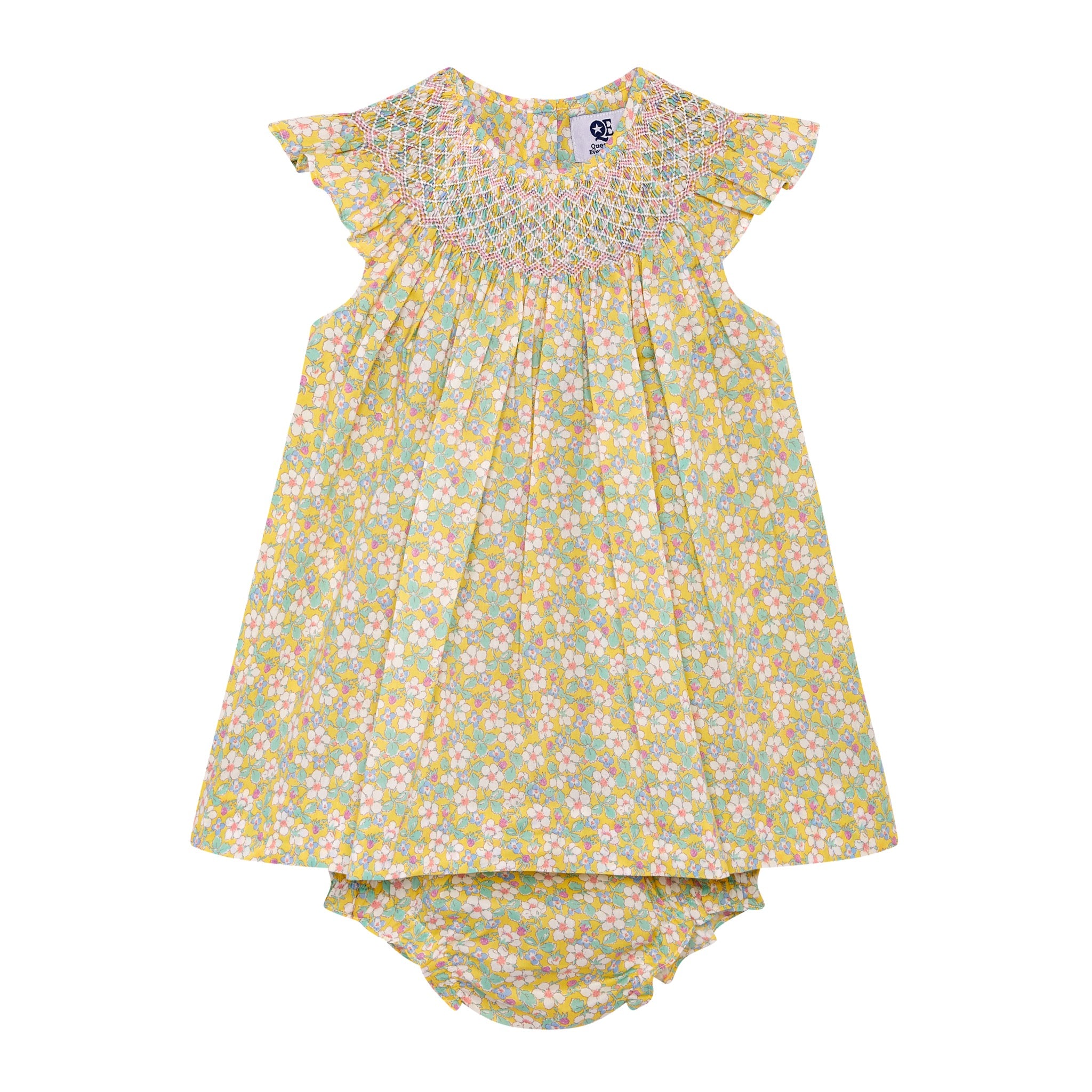 hand-smocked Liberty dress with smocking, yellow, front