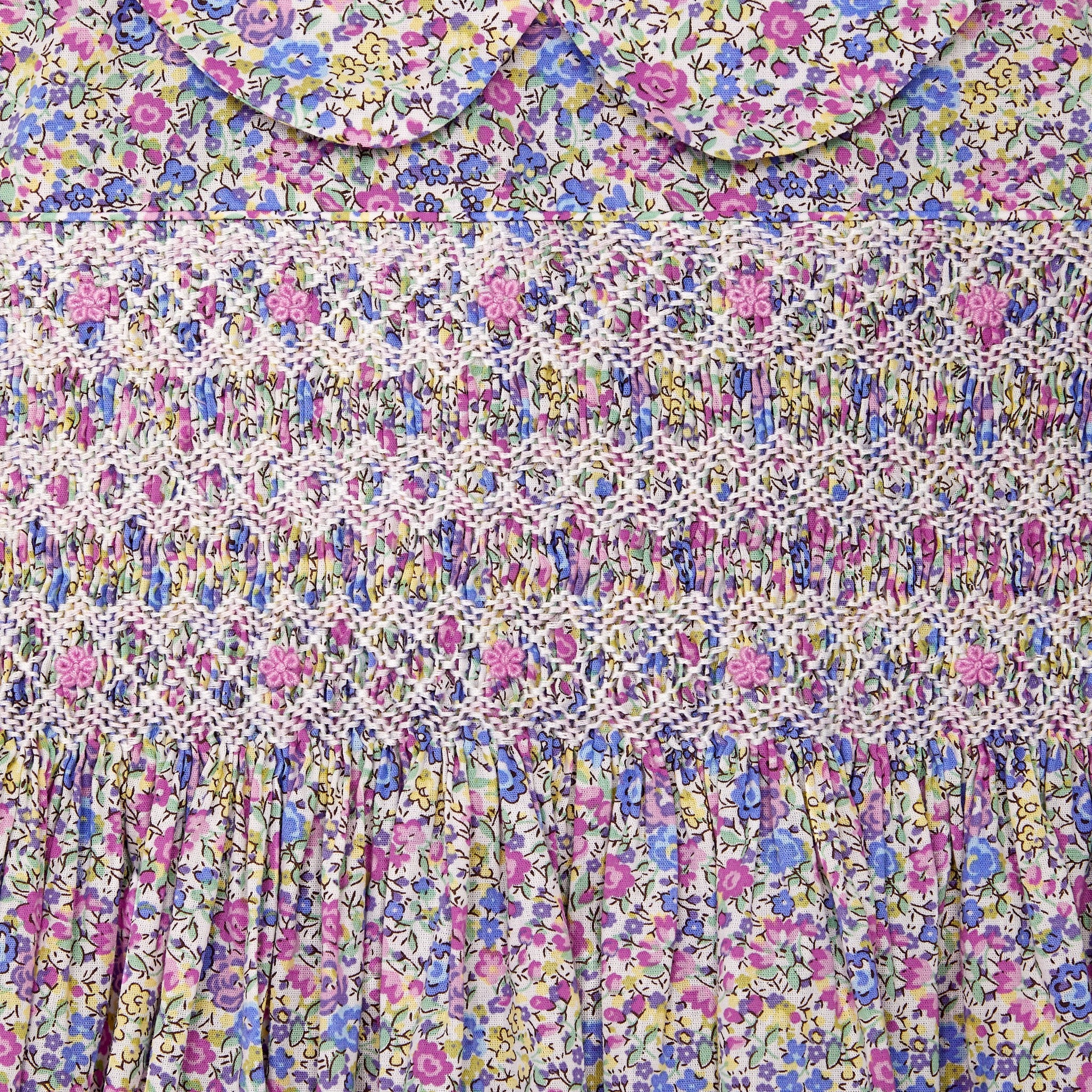 floral summer dress, smocked, detail of smocking 