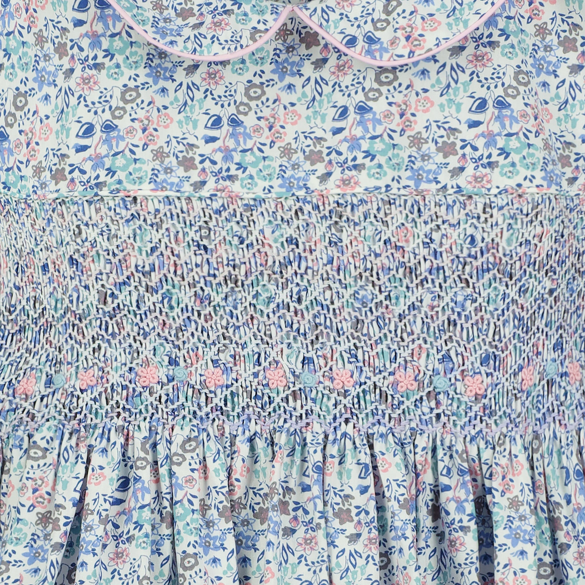 floral smock dress, blue, smocking detail