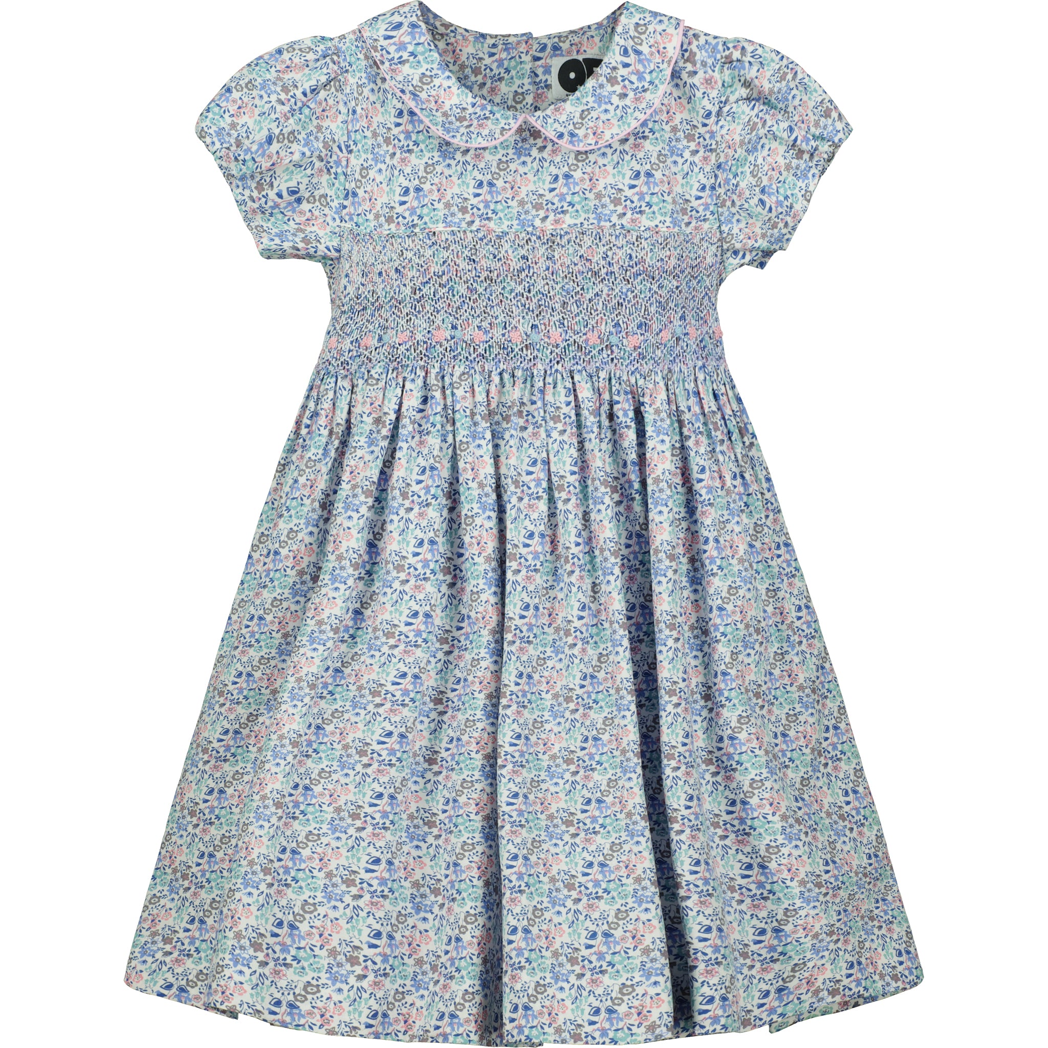 floral smock dress, blue, piped collar, front