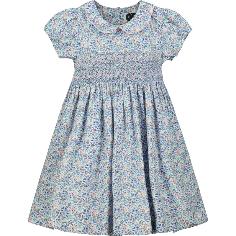 floral smock dress, blue, piped collar, front