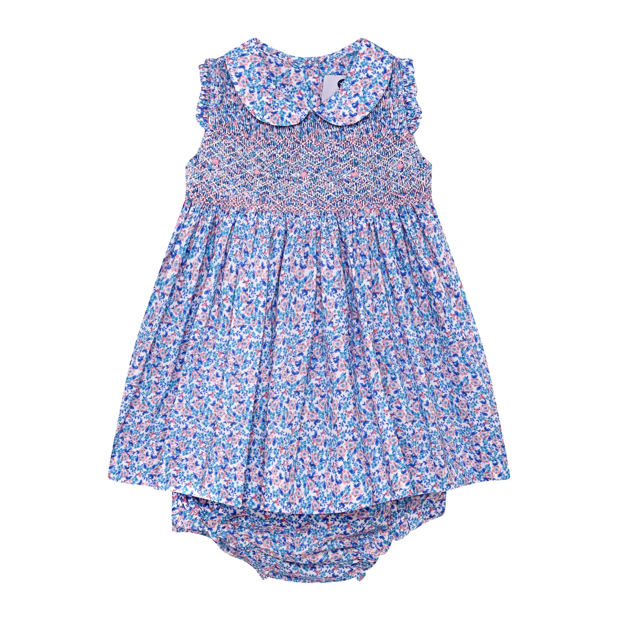 sleeveless blue floral baby dress, hand-smocked, front