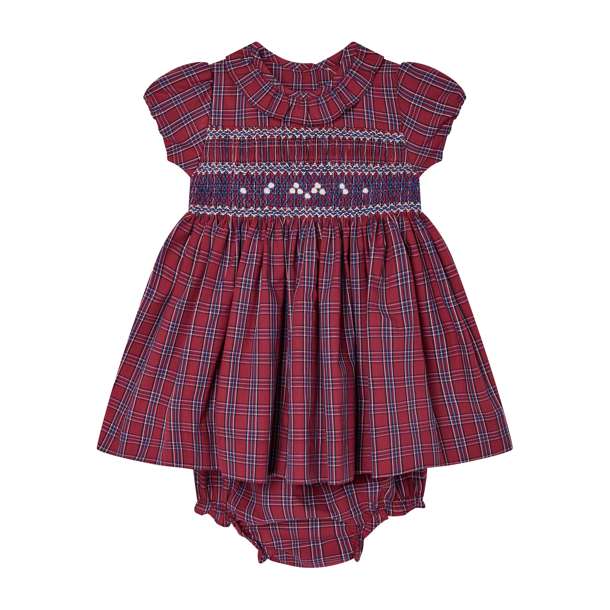 red and navy  smocked tartan dress, front