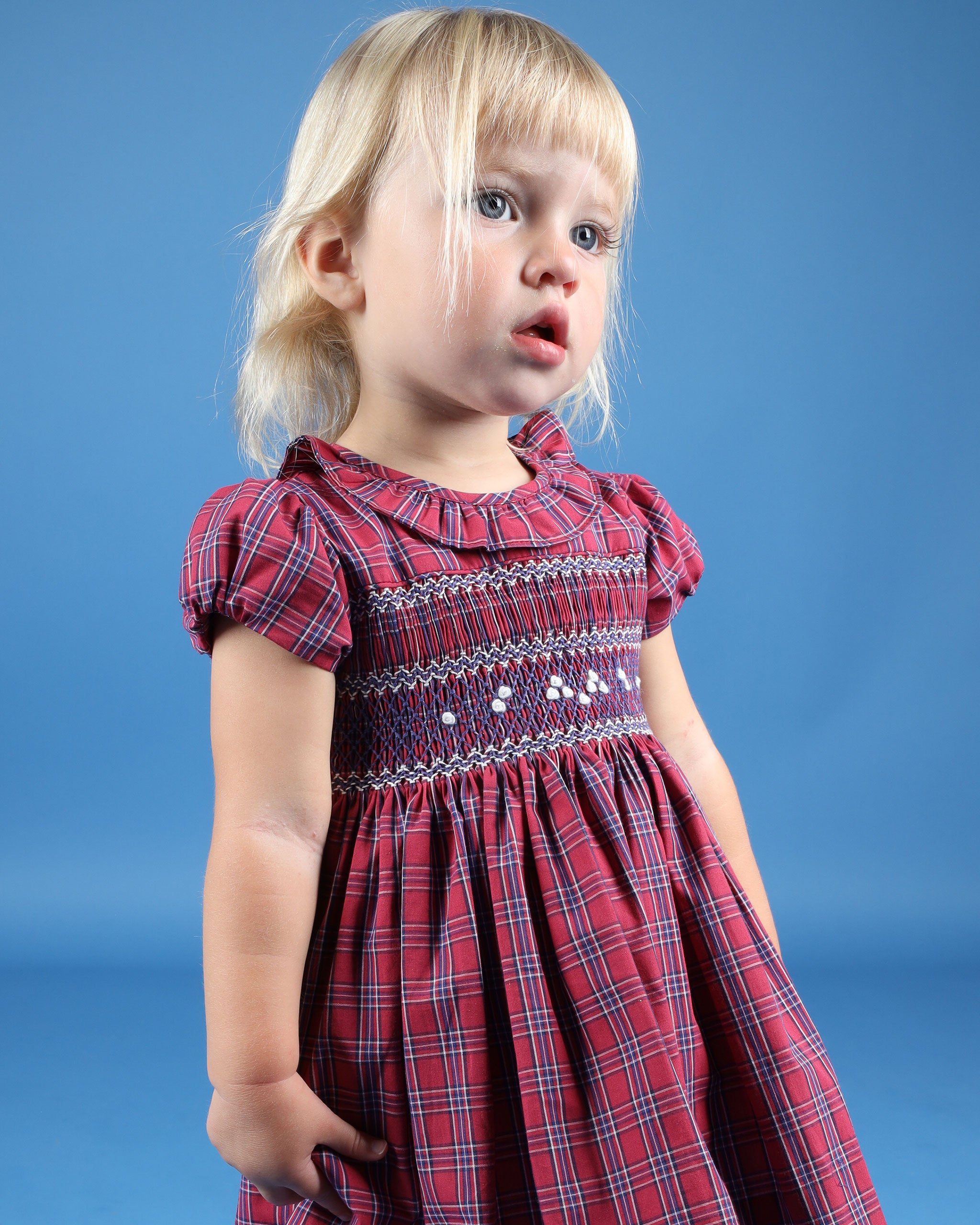 toddler in Chritmas dress, tartan, smocked