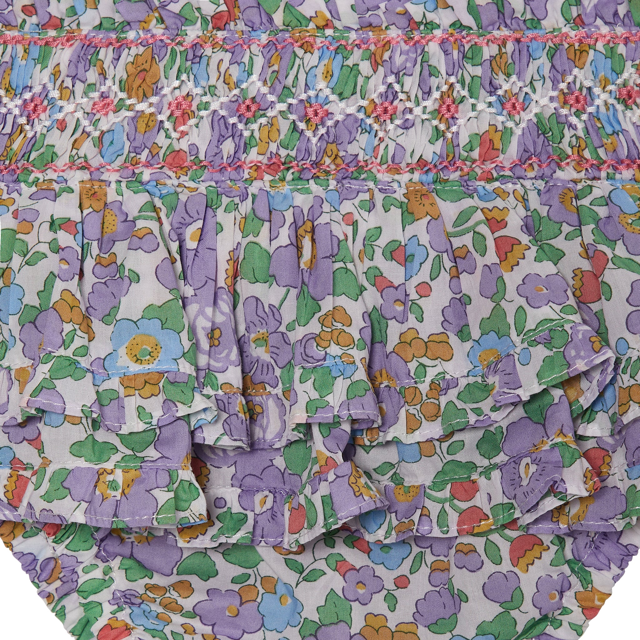 baby skort made from purple Betsy Liberty fabric, hand-smocked, detail
