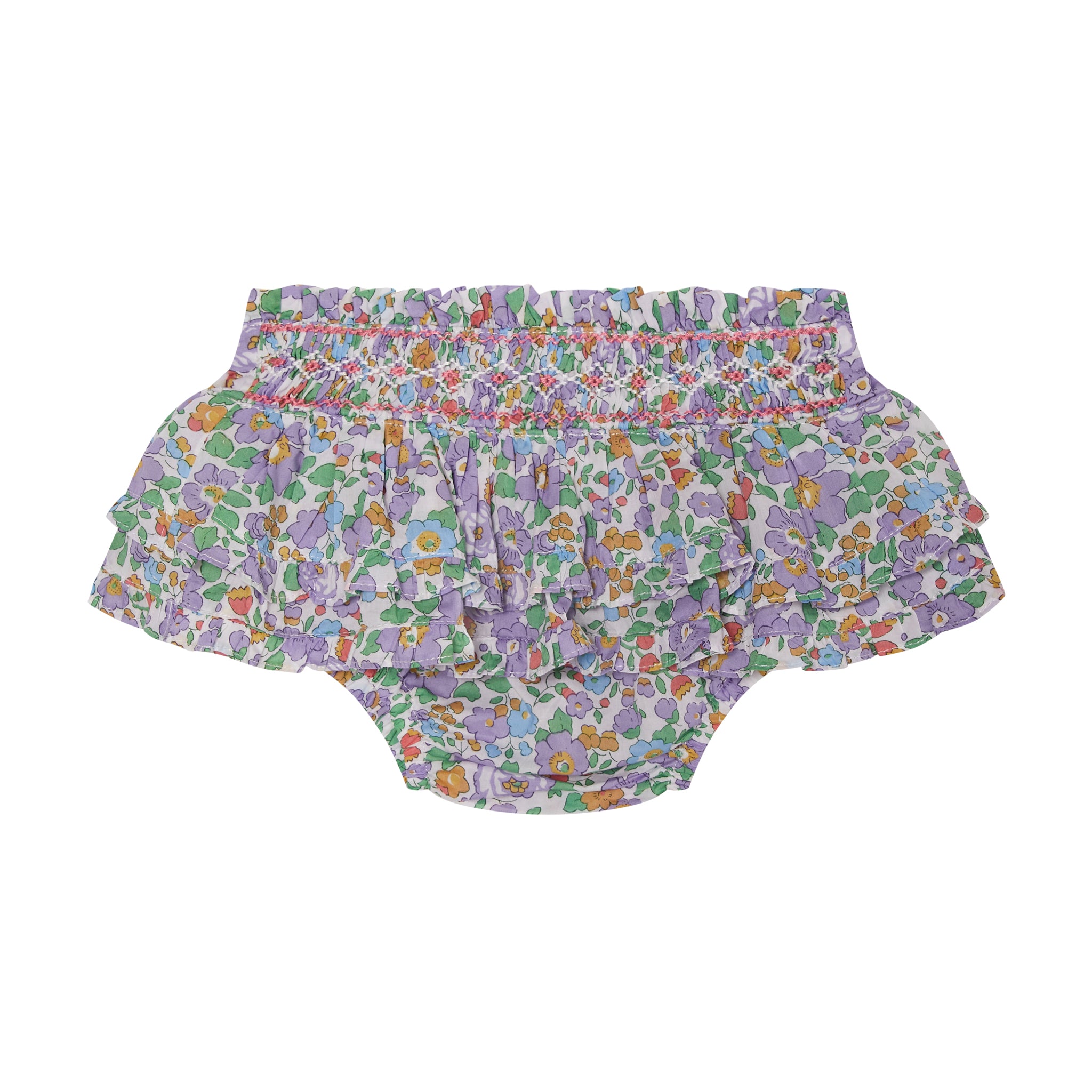 baby skort made from purple Betsy Liberty fabric, hand-smocked