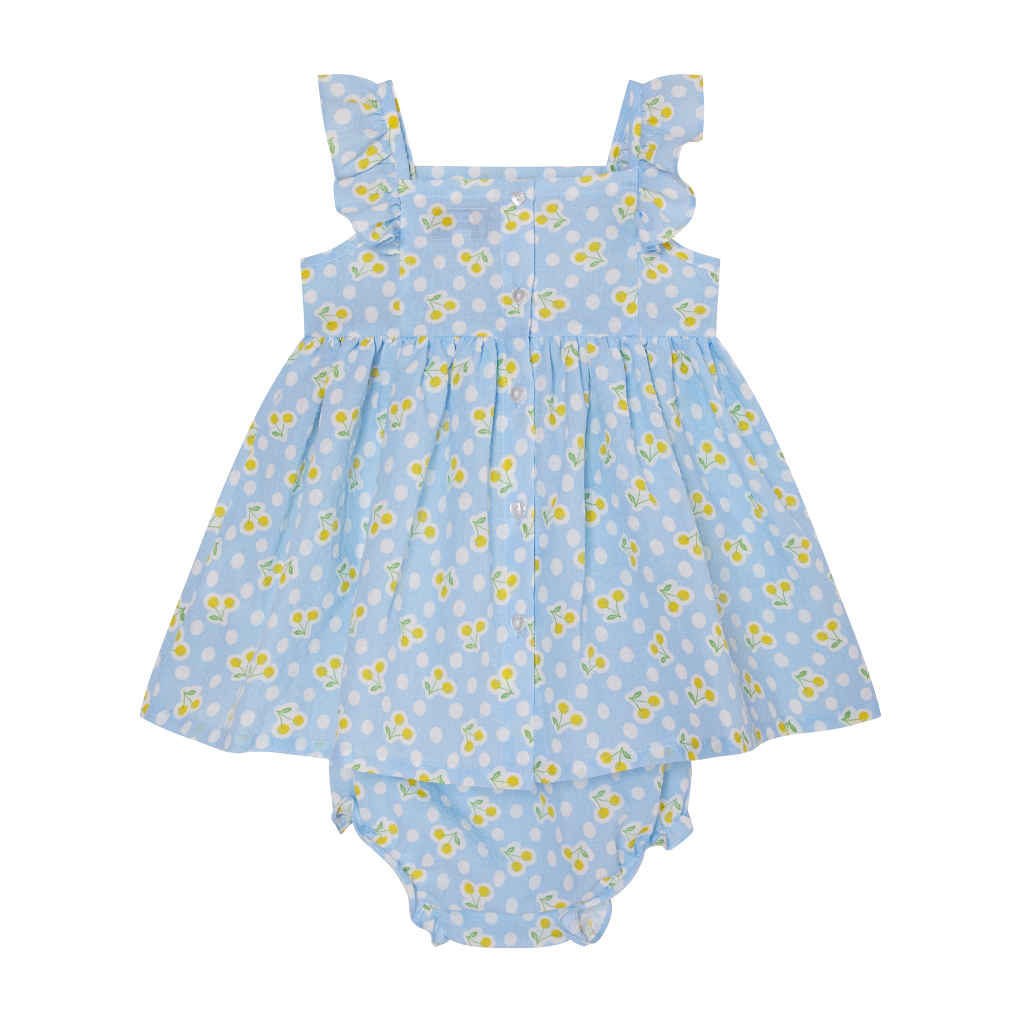 baby sundress made form pale blue cotton with cherry pattern, back