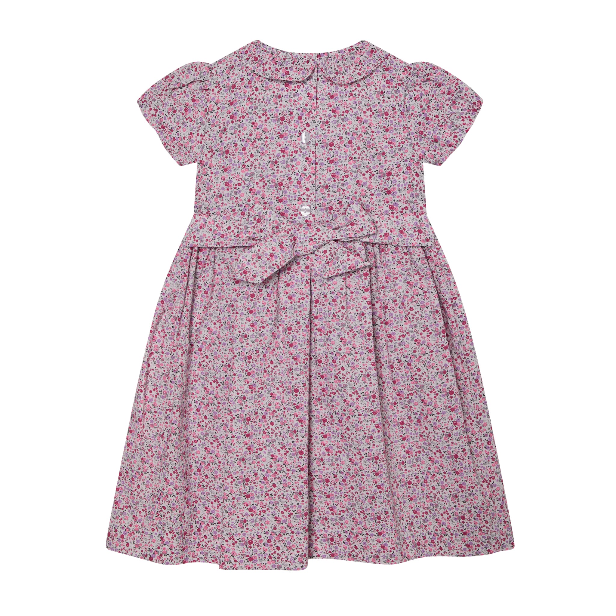 pink floral girls dress with hand-smocking, back