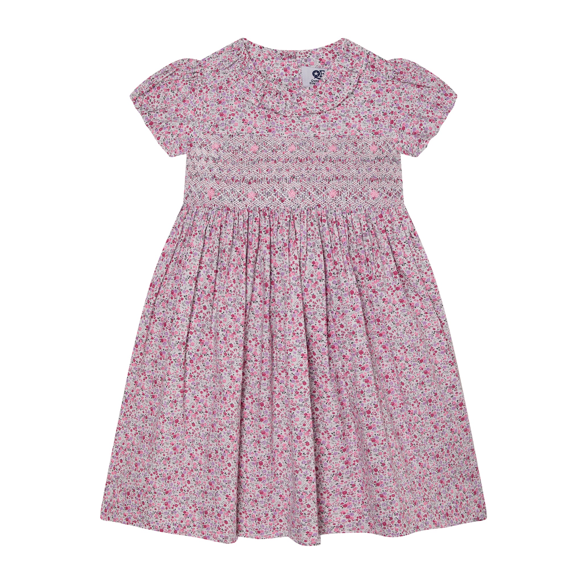 pink floral girls dress with hand-smocking, front