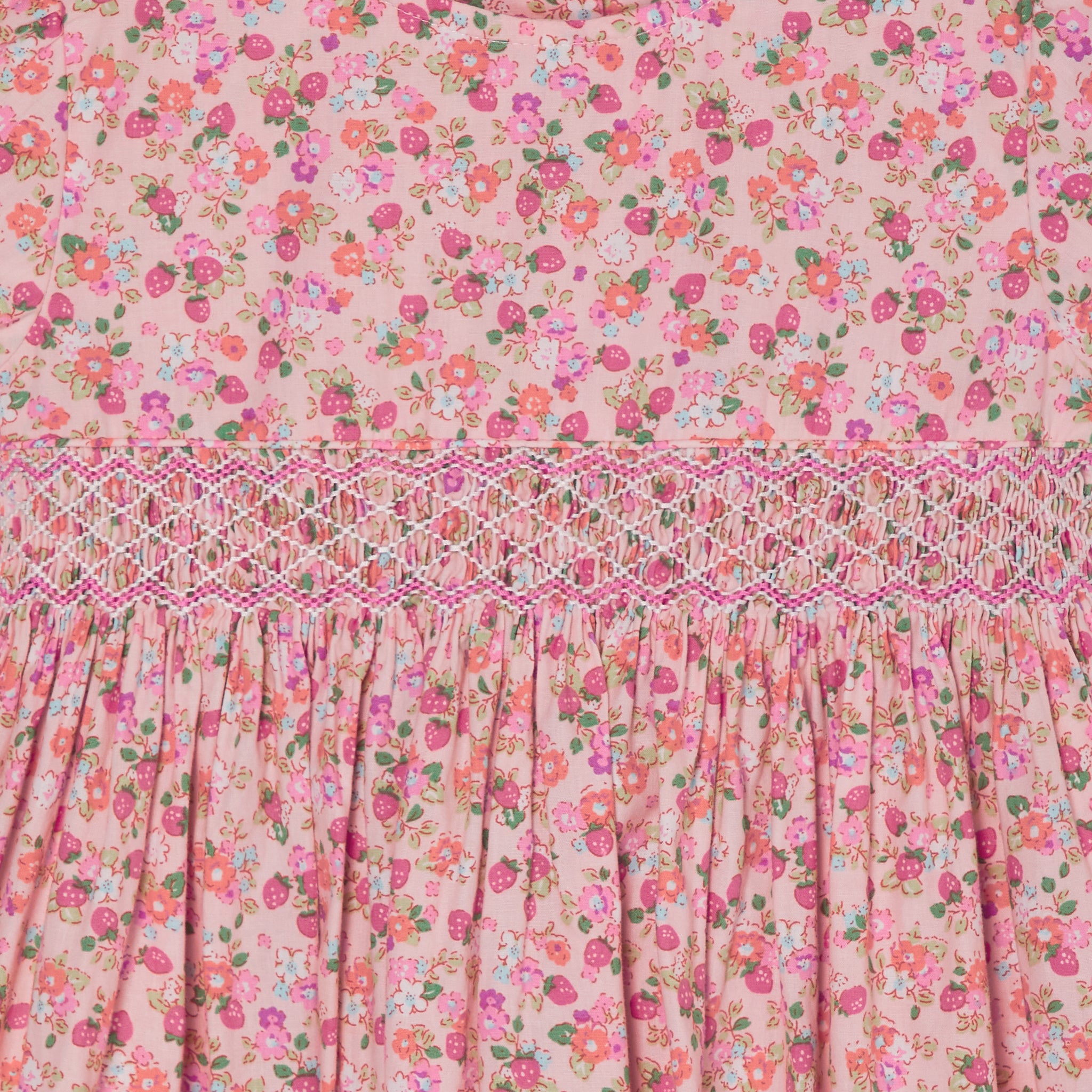 strawberry and peach blossom smock dress for girls, smocking detail