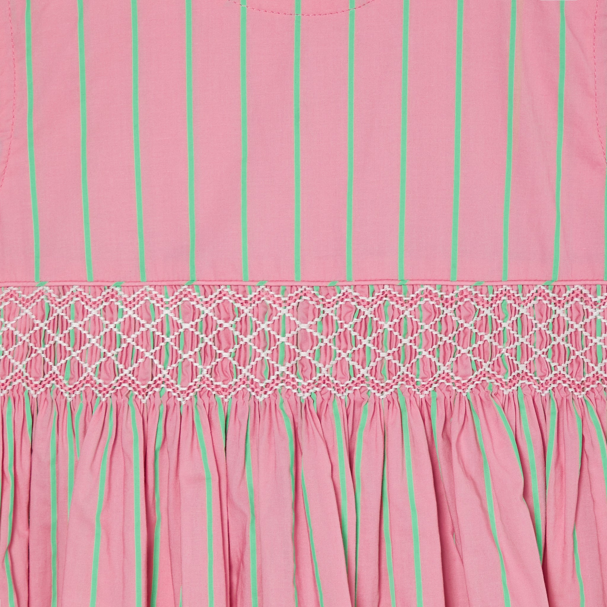 bright pink girls dress with neon green pinstripe, detail
