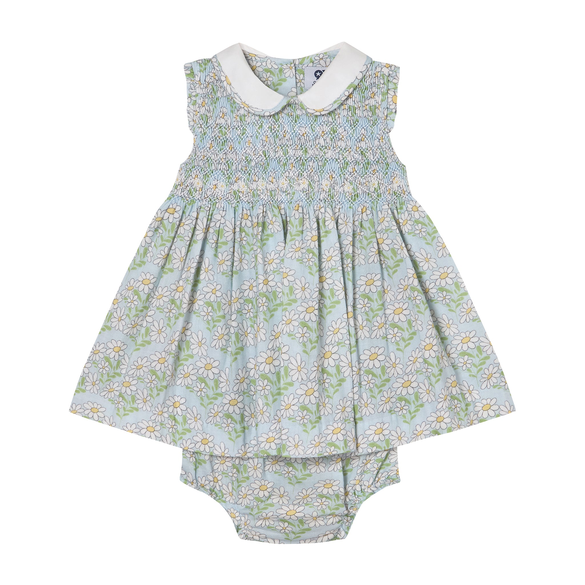 Floral baby dress and bloomers set on a white background