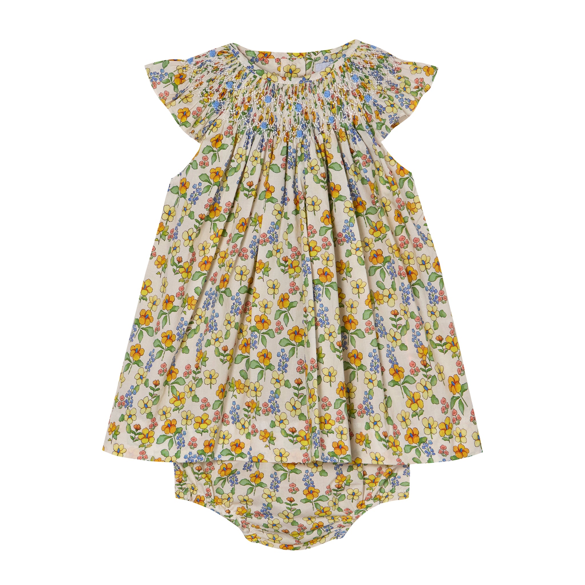 Floral dress with ruffled sleeves on a white matching bloomers
