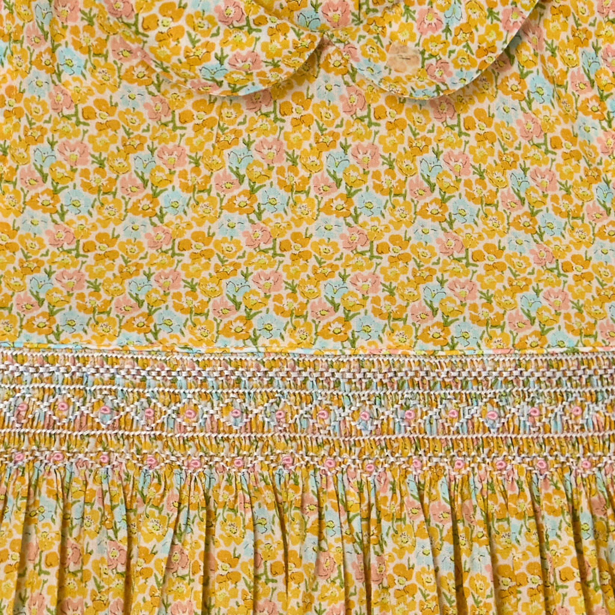 smocking closeup yellow floral dress