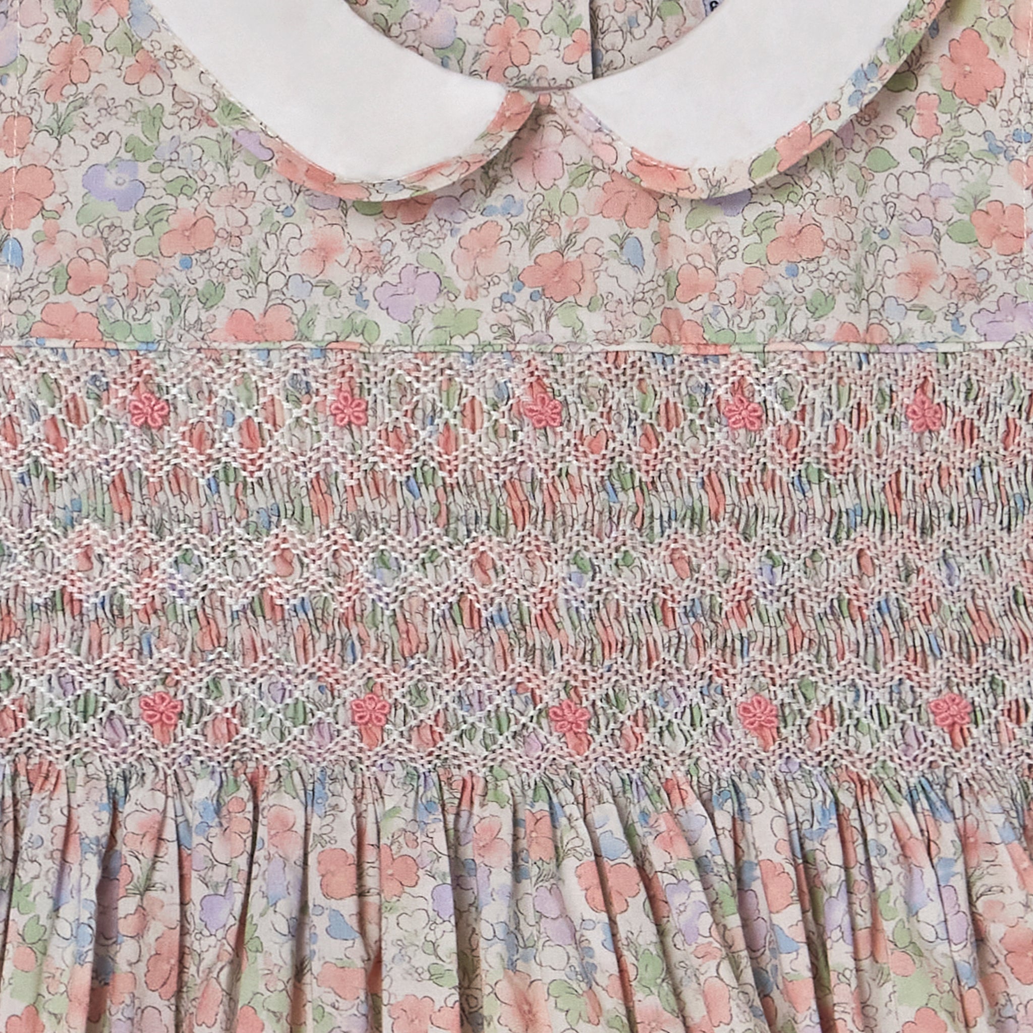 Floral dress with smocked bodice and white collar detail shot
