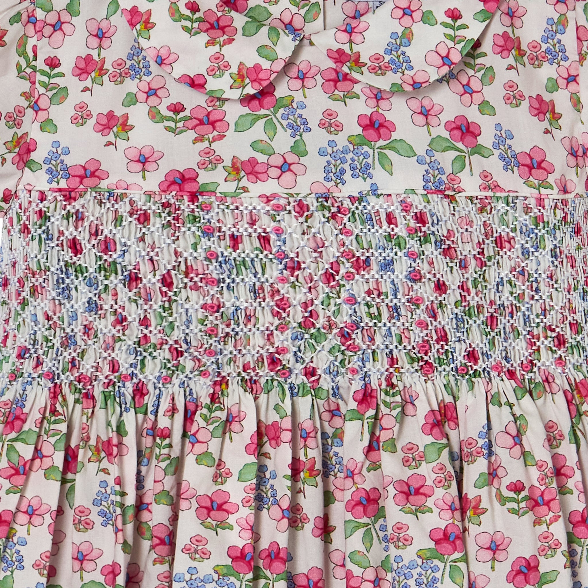 Floral patterned fabric, smocked panel closeup