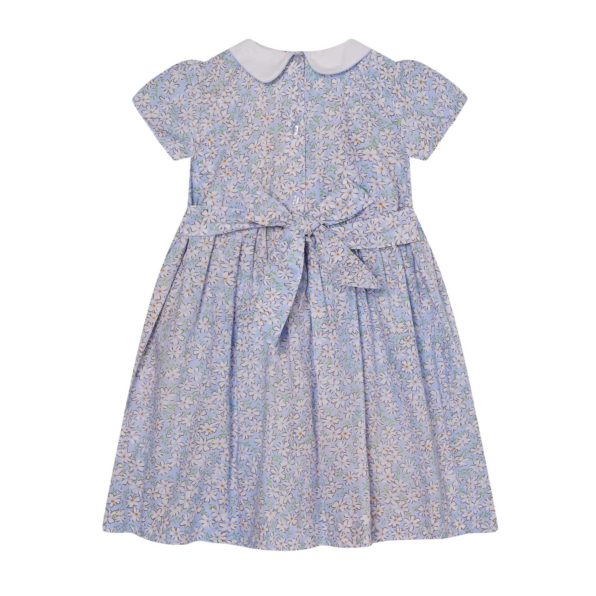 pale blue smock dress with daisy embroidery, back