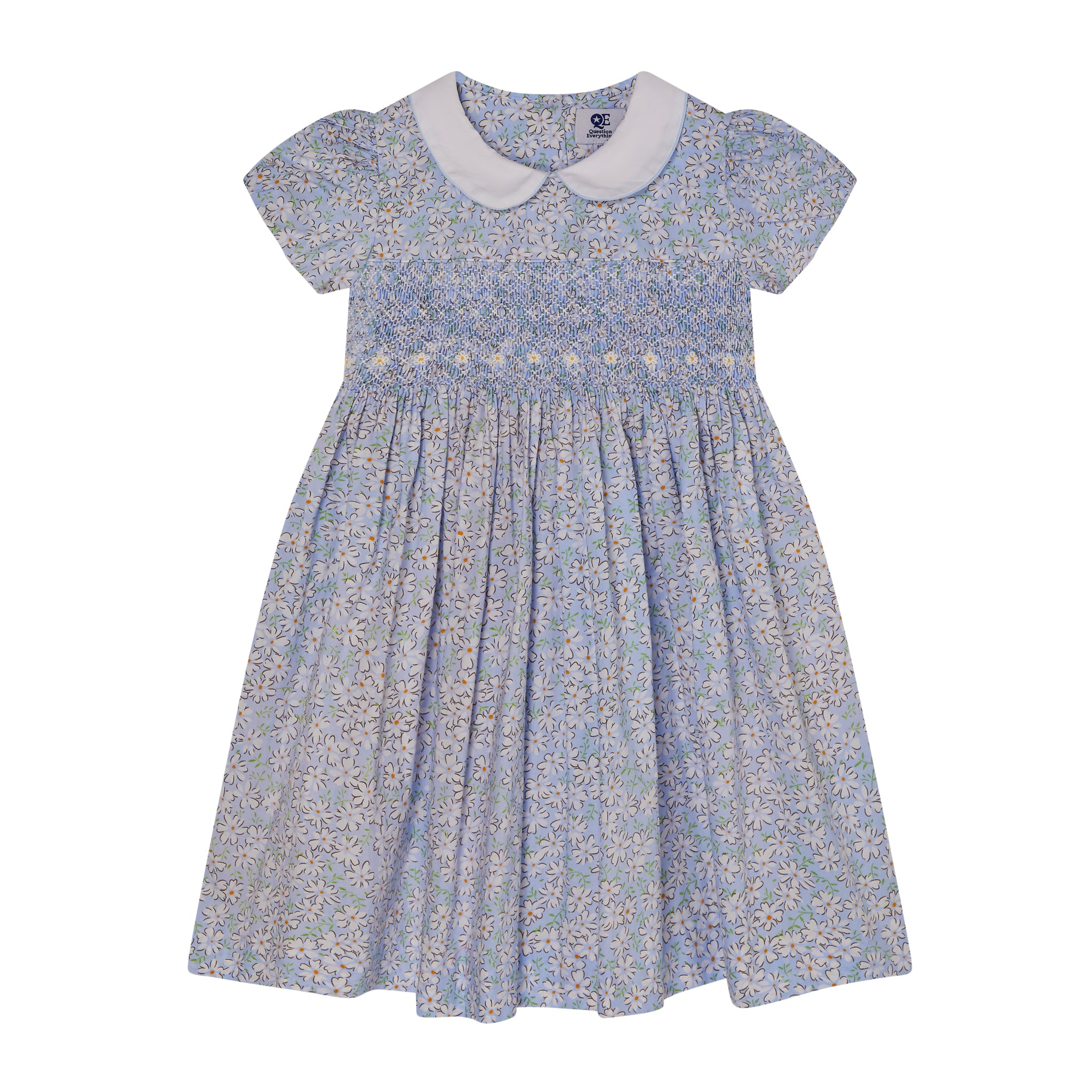 pale blue smock dress with daisy embroidery, front