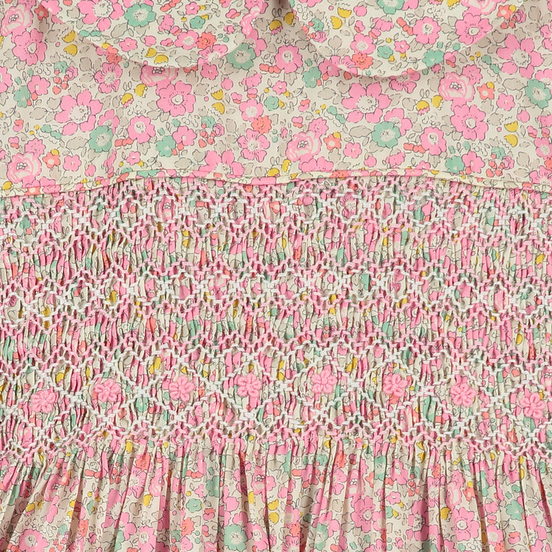 floral Liberty print, hand-smocked girls dress, smocking detail
