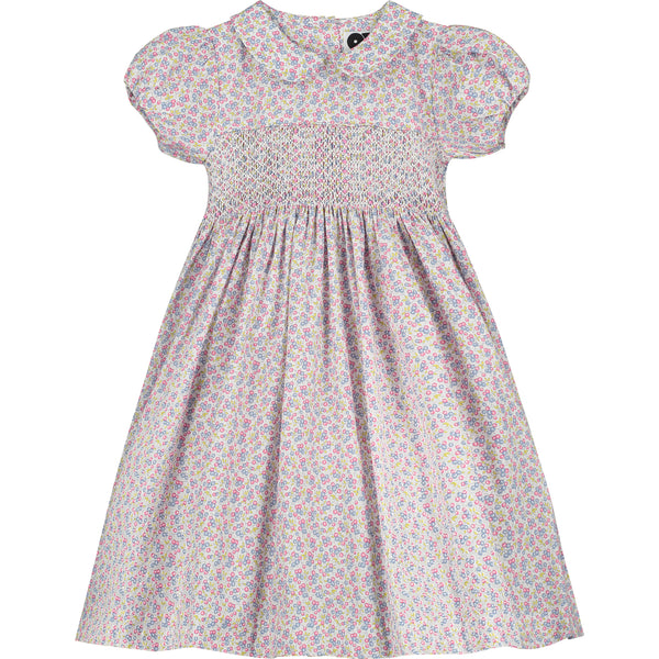 multi-colour berry print smocked dress for girls, front