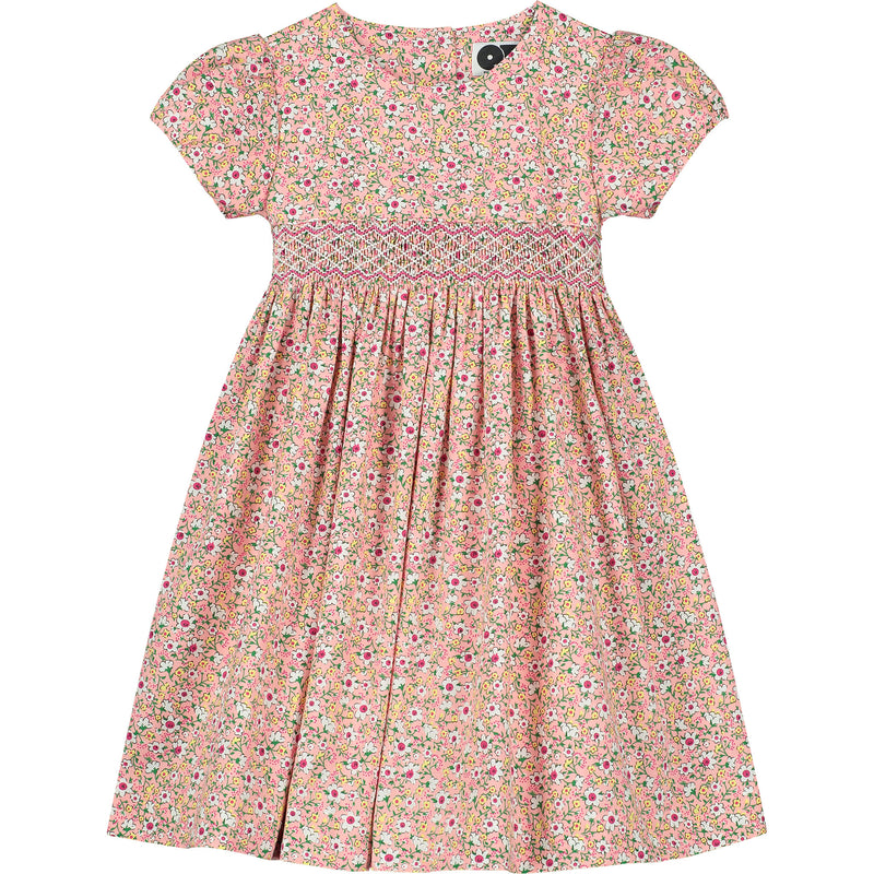 Pink floral hand-smocked dress, front