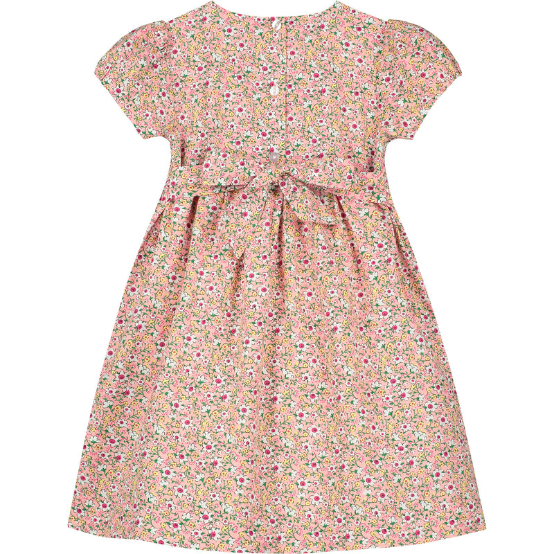 Pink floral hand-smocked dress, back