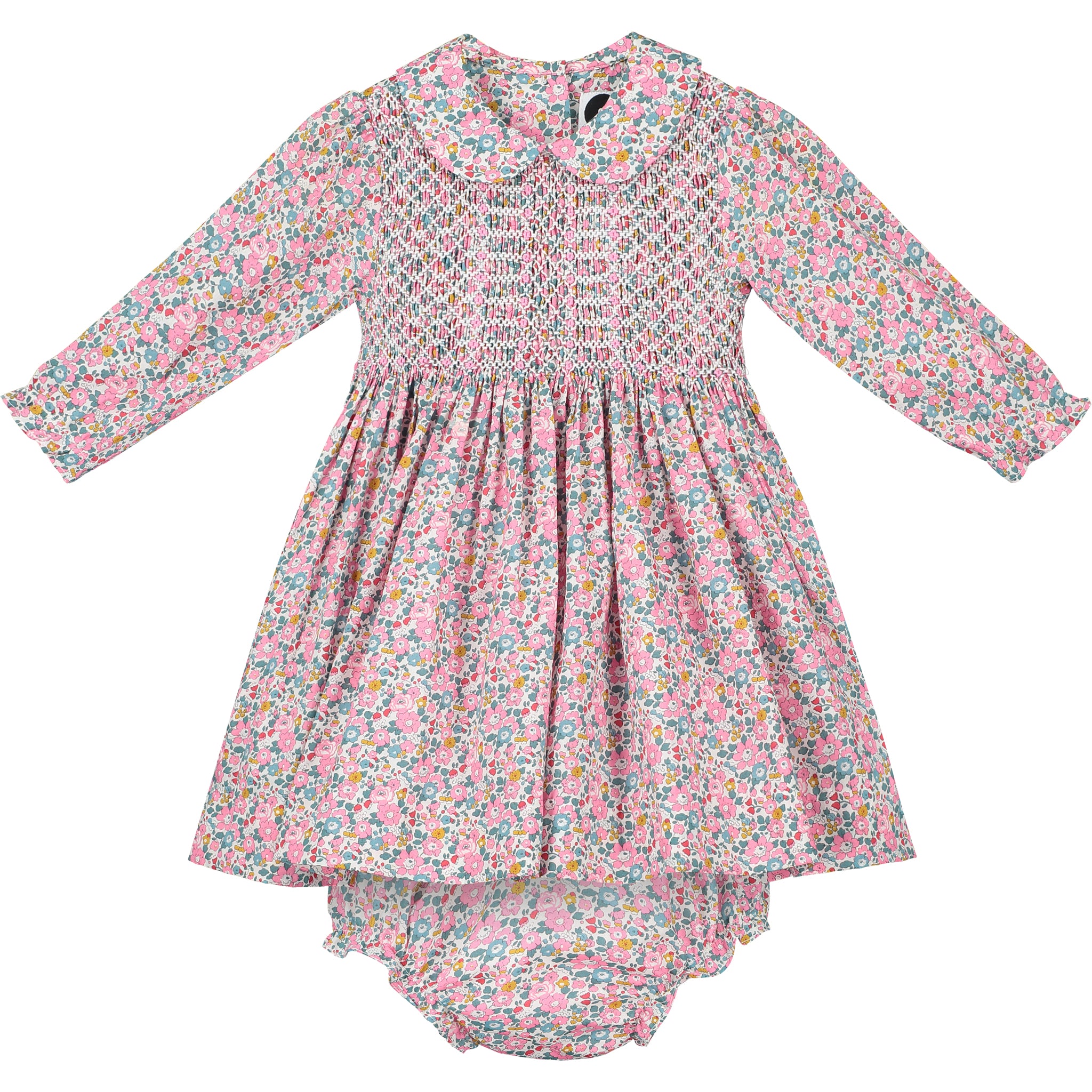 long-sleeved Liberty print baby dress, front