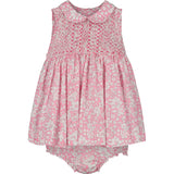 white on pink floral baby dress made from Liberty print fabric and matching bloomers, front