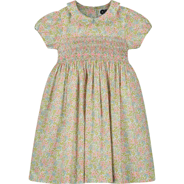 Liberty print floral girls dress with smocking, front