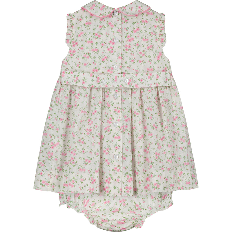 Floral smocked baby dress with bloomers, hand-smocked, made from 100% cotton, back