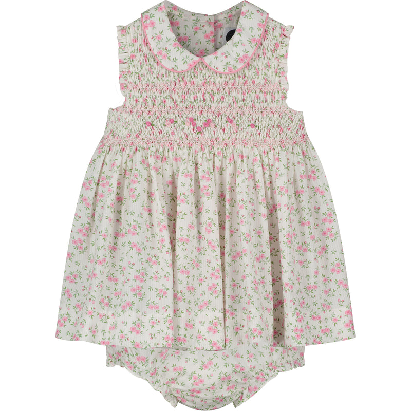 Floral smocked baby dress with bloomers, hand-smocked, made from 100% cotton, front