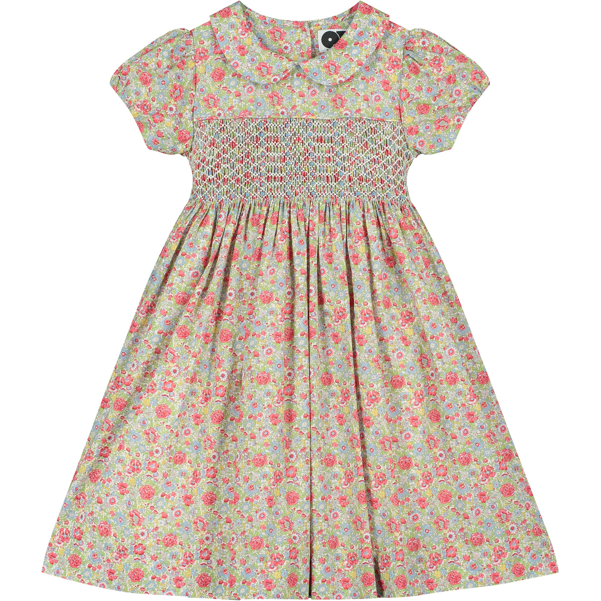 floral smocked dress made from Libery fabric, front